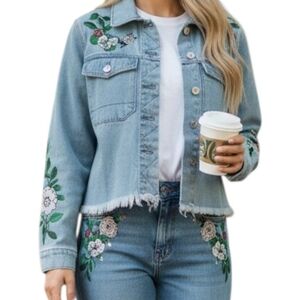 H&M Light Blue Denim Jacket with Embroidered Floral Detail